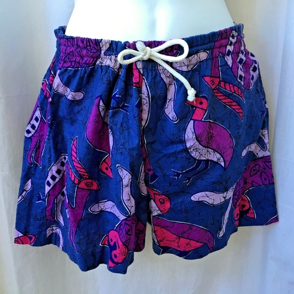 Shirt & Shorts SET Vintage 90s Cats Print Purple Pink Primitive Art Swim Beach M - Picture 2 of 11